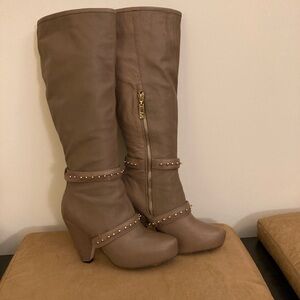 Elegant Taupe Heeled Boots with Studded Straps by Matiko